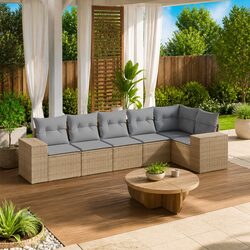 Garden Sofa Set 6 Piece Outdoor Furniture Beige Poly Rattan with Cushions