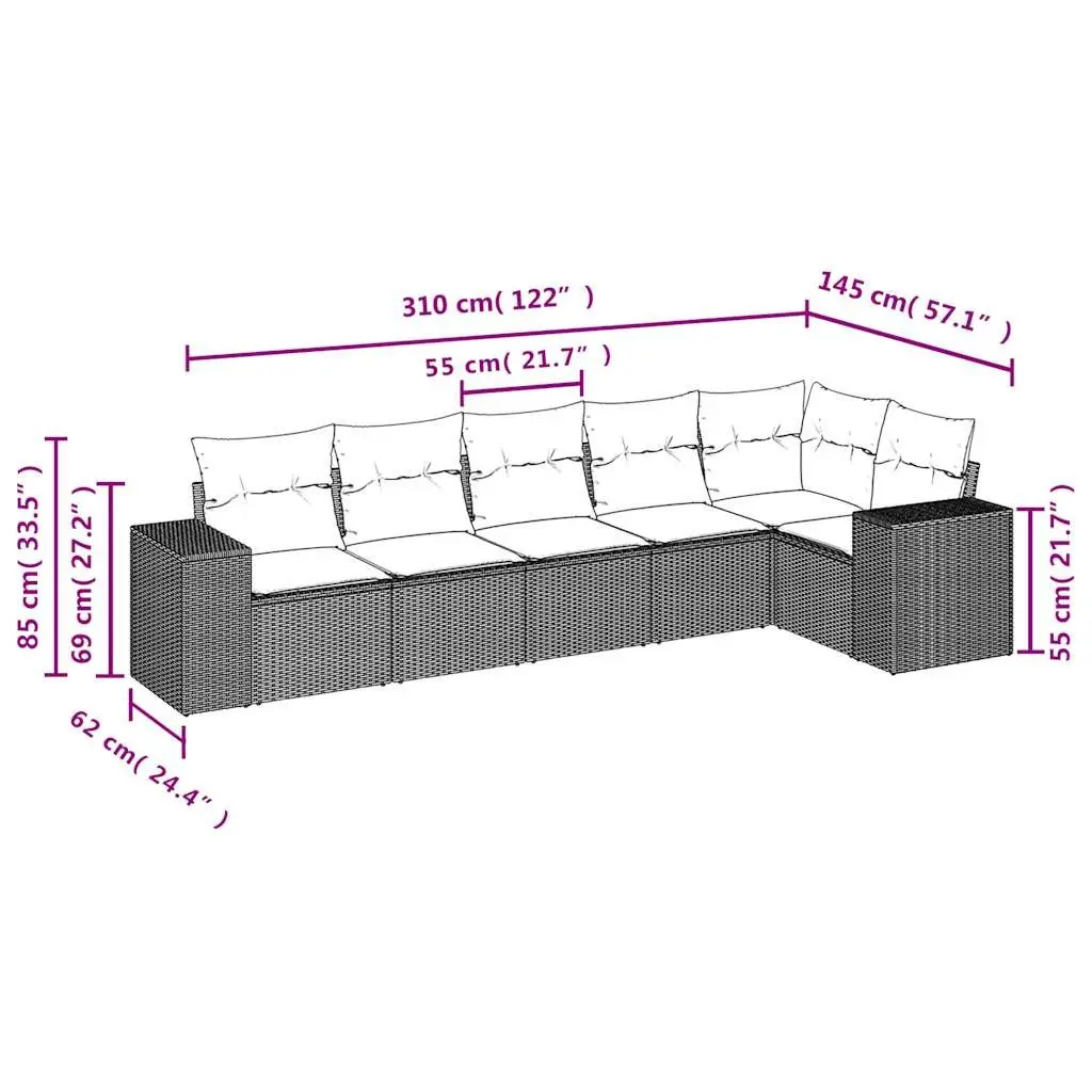 Garden Sofa Set Grey 6 Piece Modular Outdoor Furniture with Cushions