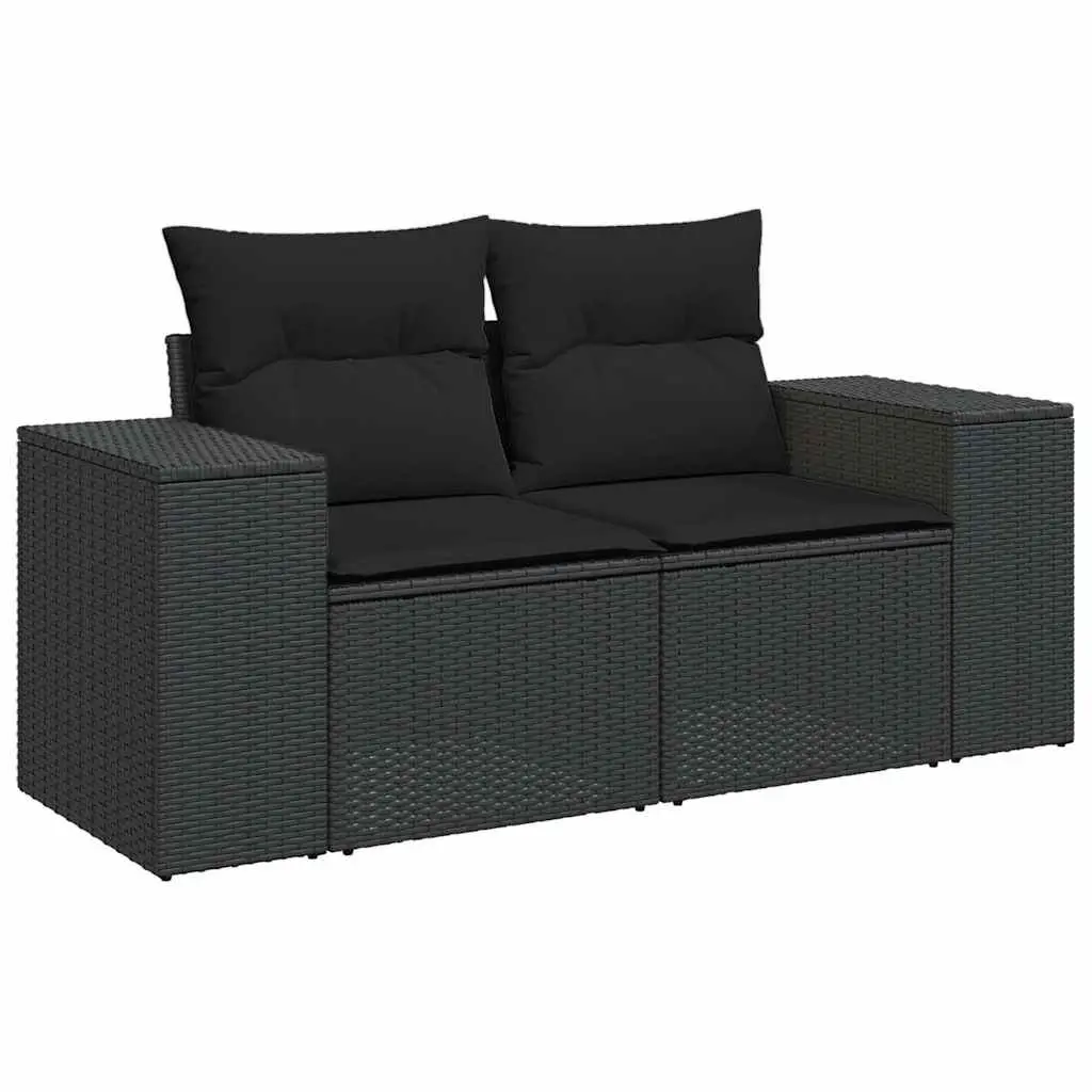 7 Piece Garden Sofa Set Black PE Rattan with Cushions Tempered Glass Table Top