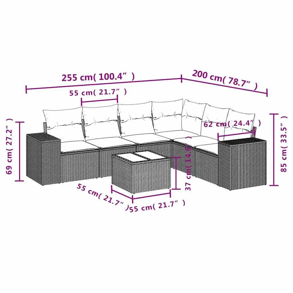 7 Piece Garden Sofa Set Black PE Rattan with Cushions Tempered Glass Table Top