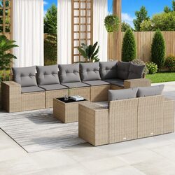 Outdoor Garden Sofa Set 9 Piece Beige Poly Rattan Furniture with Cushions Glass