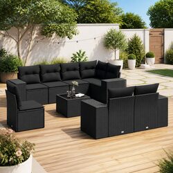 9 Piece Black Rattan Outdoor Sofa Set