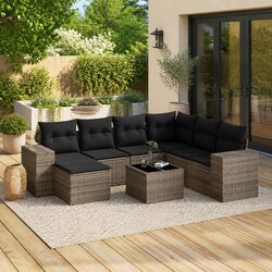 Garden Sofa Set 8 Piece Outdoor Furniture Grey Poly Rattan Cushions Patio