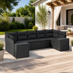 7 Piece Garden Sofa Set Black Outdoor Furniture Patio Seating with Cushions