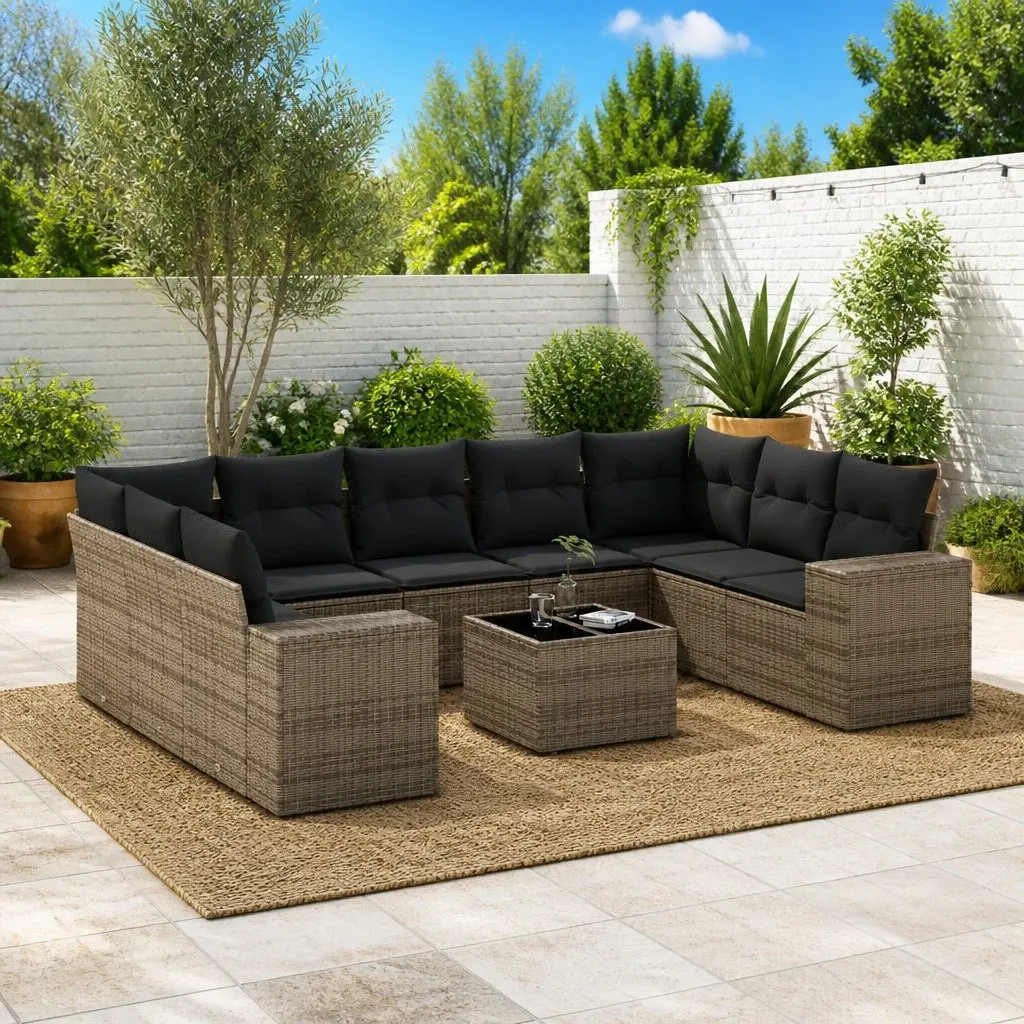 Garden Sofa Set 10 Piece Outdoor Furniture Grey Poly Rattan with Cushions Patio