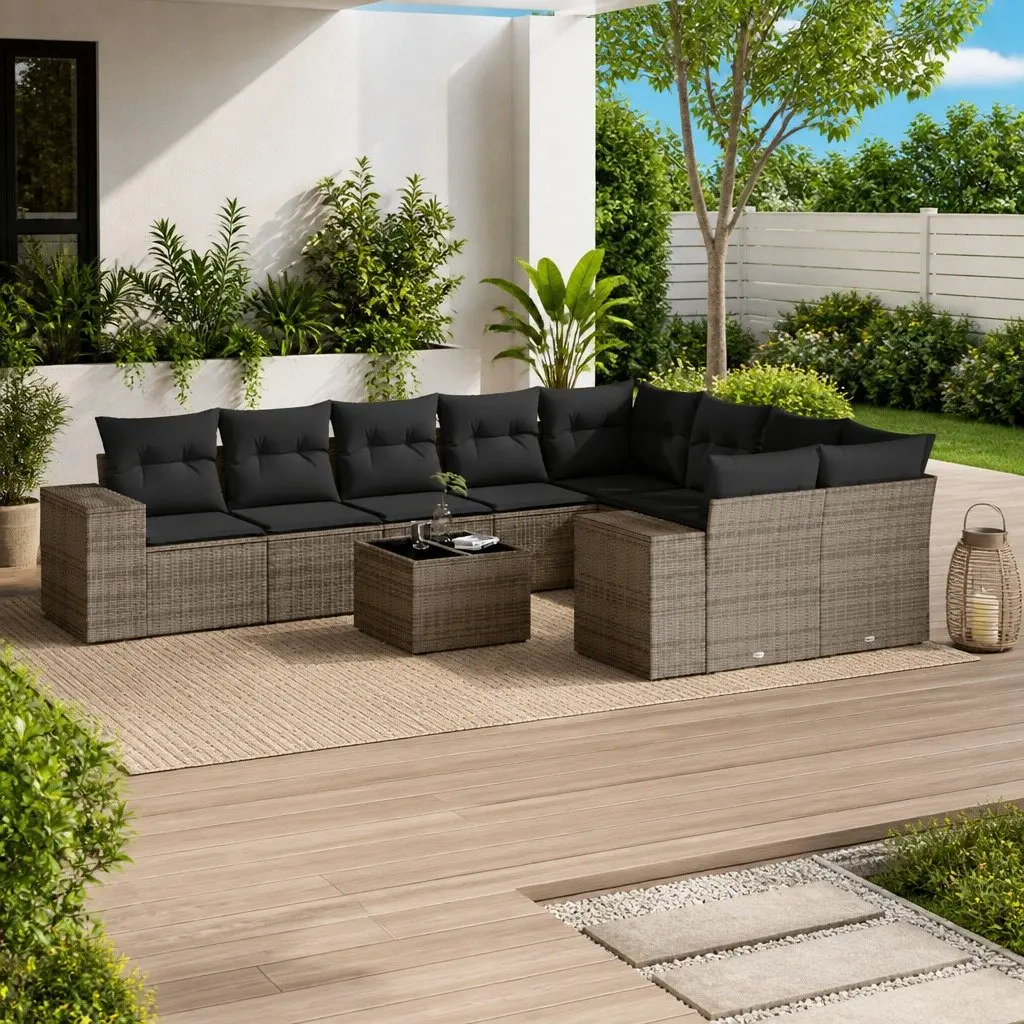 Garden Sofa Set Grey 10 Piece Modular Outdoor Furniture PE Rattan with Thick Cushions and Tempered Glass Tabletop