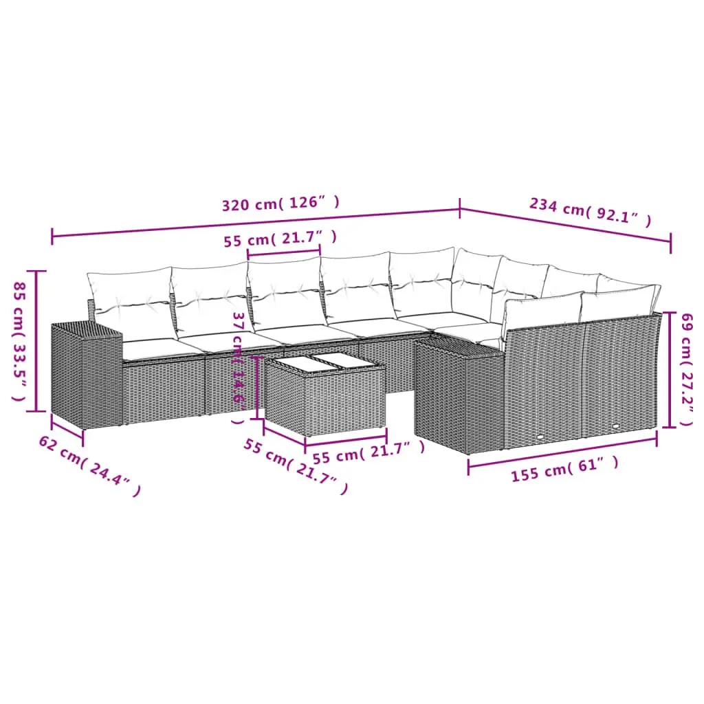 Garden Sofa Set Grey 10 Piece Modular Outdoor Furniture PE Rattan with Thick Cushions and Tempered Glass Tabletop