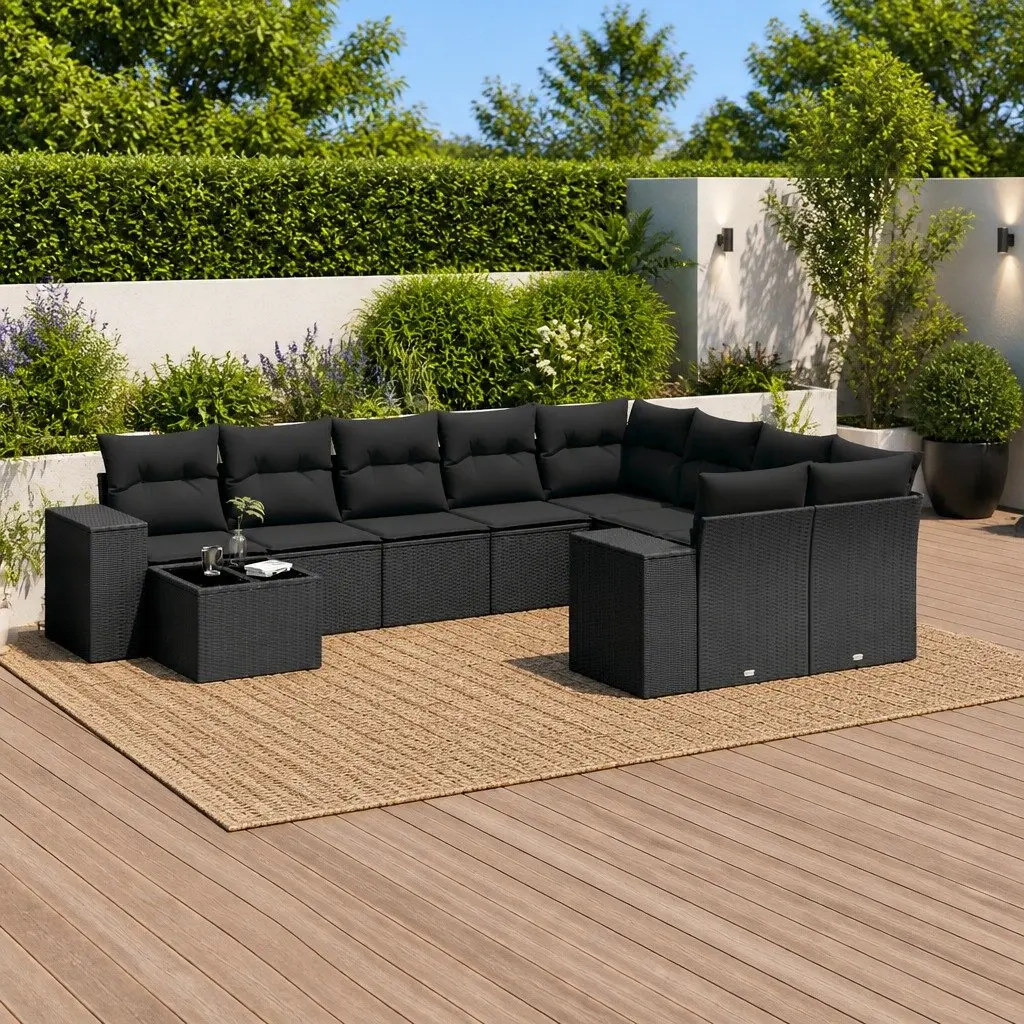 Garden Sofa Set 10 Piece Outdoor Furniture Black Poly Rattan Modular Patio