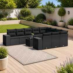 Outdoor Garden Sofa Set 11 Piece Black Poly Rattan Patio Furniture with Cushions
