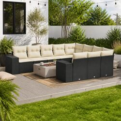 Garden Sofa Set 11 Piece Outdoor Furniture Patio Black Poly Rattan with Cushions