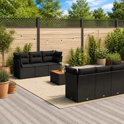 7 Piece Outdoor Garden Sofa Set Black Poly Rattan Patio Furniture with Cushions