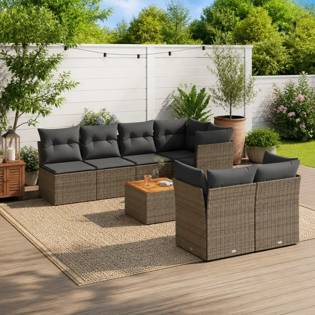 Garden Sofa Set Grey 8 Piece Modular Outdoor Furniture PE Rattan with Acacia Wood Table Top and Thickly Padded Cushions