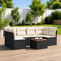7 Piece Outdoor Garden Sofa Set Poly Rattan Patio Furniture Black with Cushions