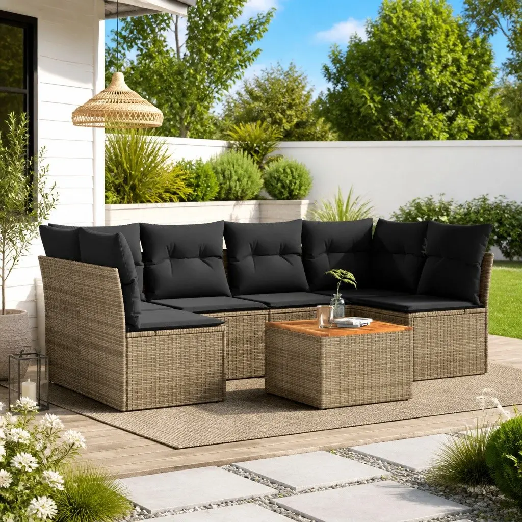Garden Sofa Set 7 Piece Outdoor Patio Furniture with Cushions Grey Poly Rattan