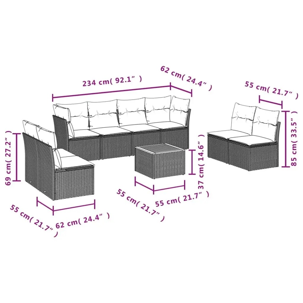 9 Piece Garden Sofa Set Grey Outdoor Furniture Patio Lounge with Cushions
