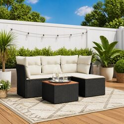 5 Piece Outdoor Garden Sofa Set Black Poly Rattan Patio Furniture with Cushions