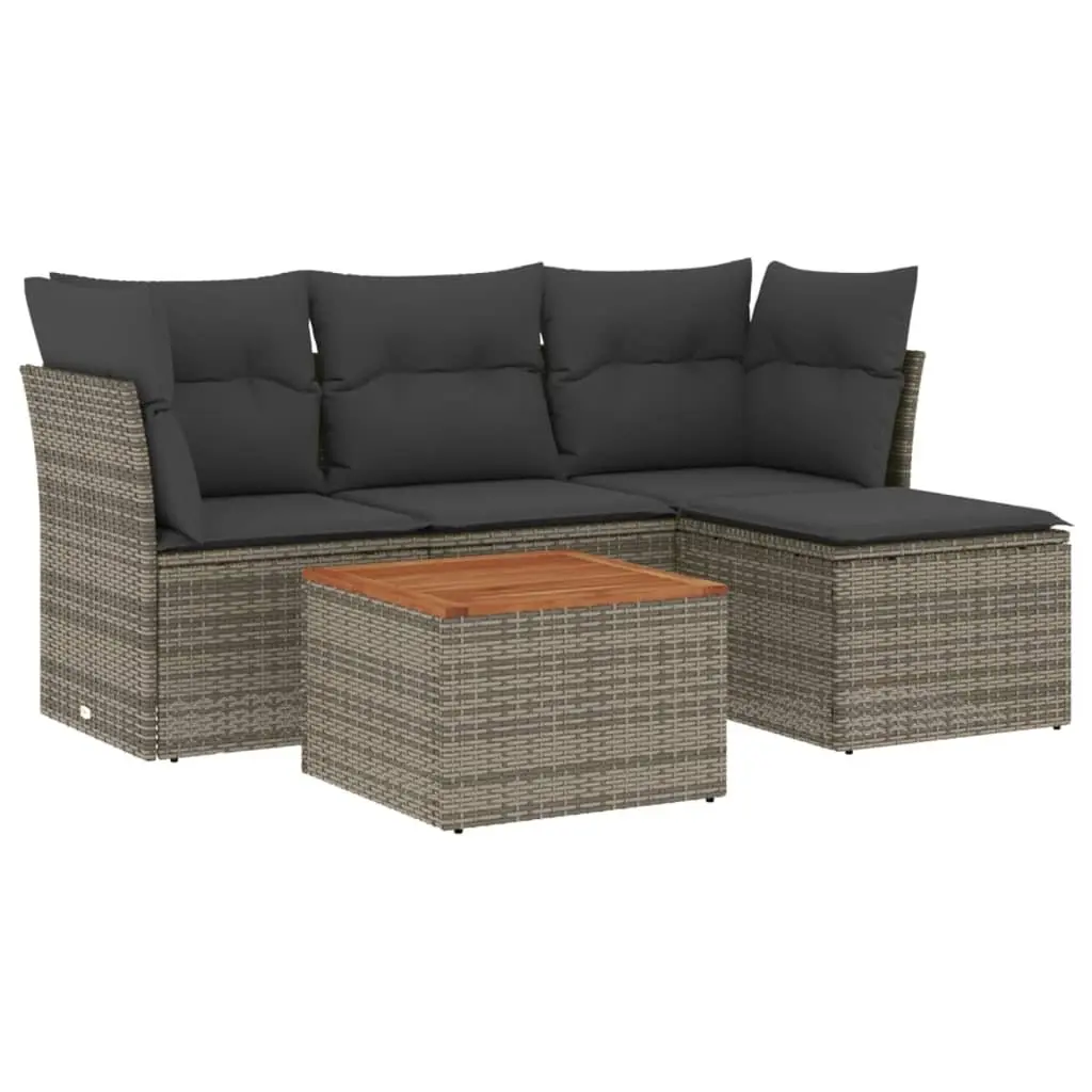 Modular5PieceGreyOutdoorSofaSetwithWeatherResistantCushionsandAcaciaWoodTabletop