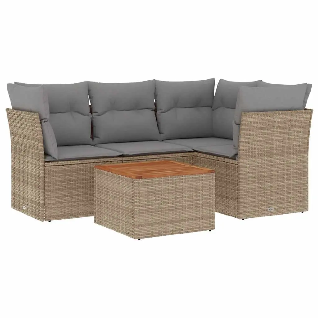 5 Piece Outdoor Garden Sofa Set with Cushions Beige Poly Rattan Patio Furniture