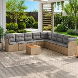 Garden Sofa Set 10 Piece Outdoor Furniture Beige Poly Rattan Patio with Cushions