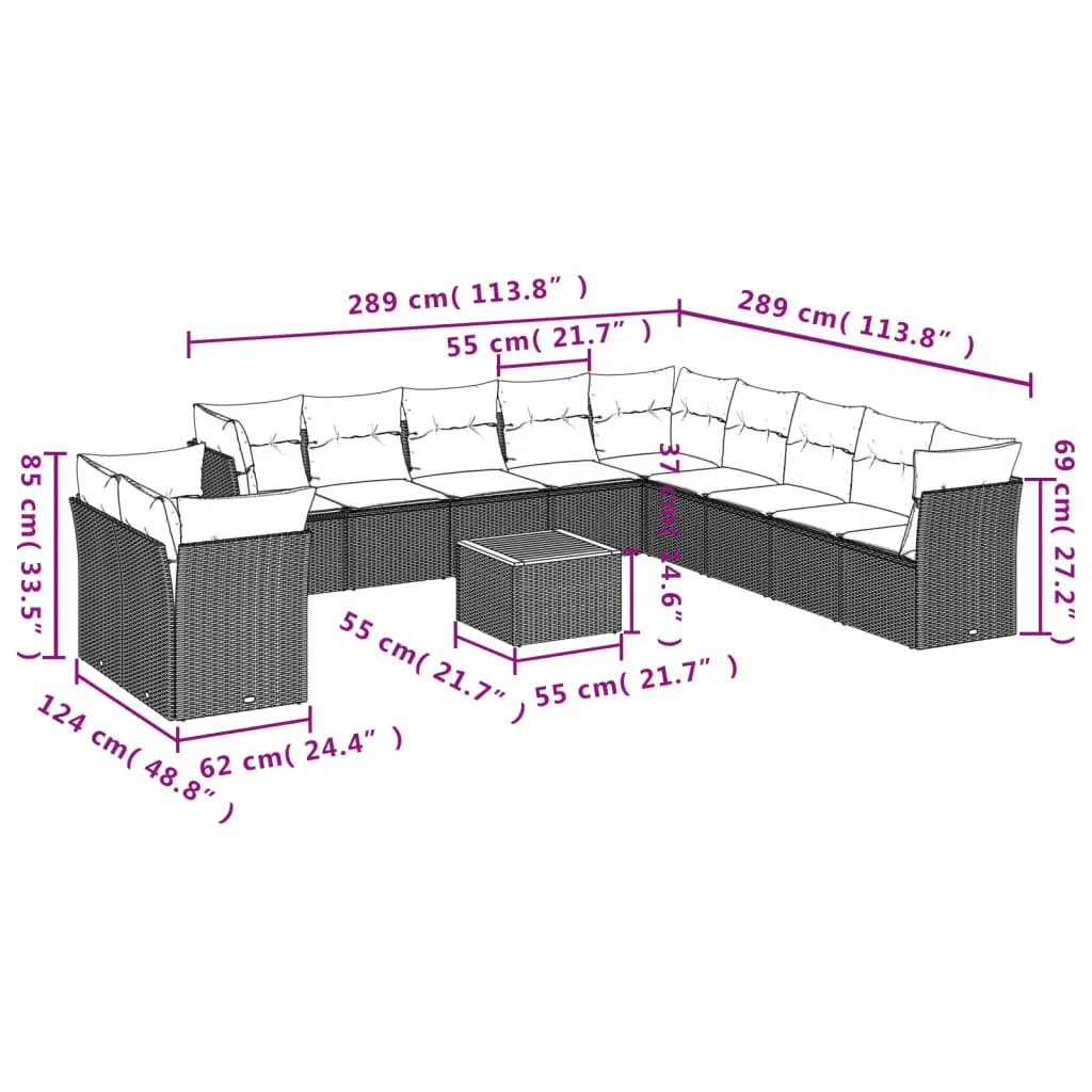 Garden Sofa Set Grey 12 Piece Modular Outdoor Furniture PE Rattan with Cushions