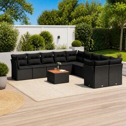 Concise 11-Piece Black Outdoor Sofa Set with Cushions