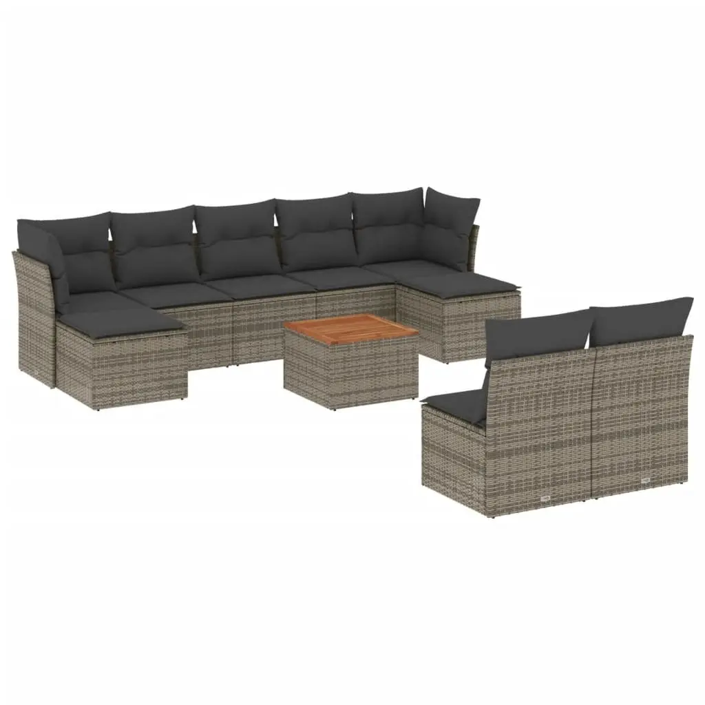 Garden Sofa Set Grey 10 Piece Modular Outdoor Furniture Poly Rattan with Thick Cushions and Acacia Wood Table