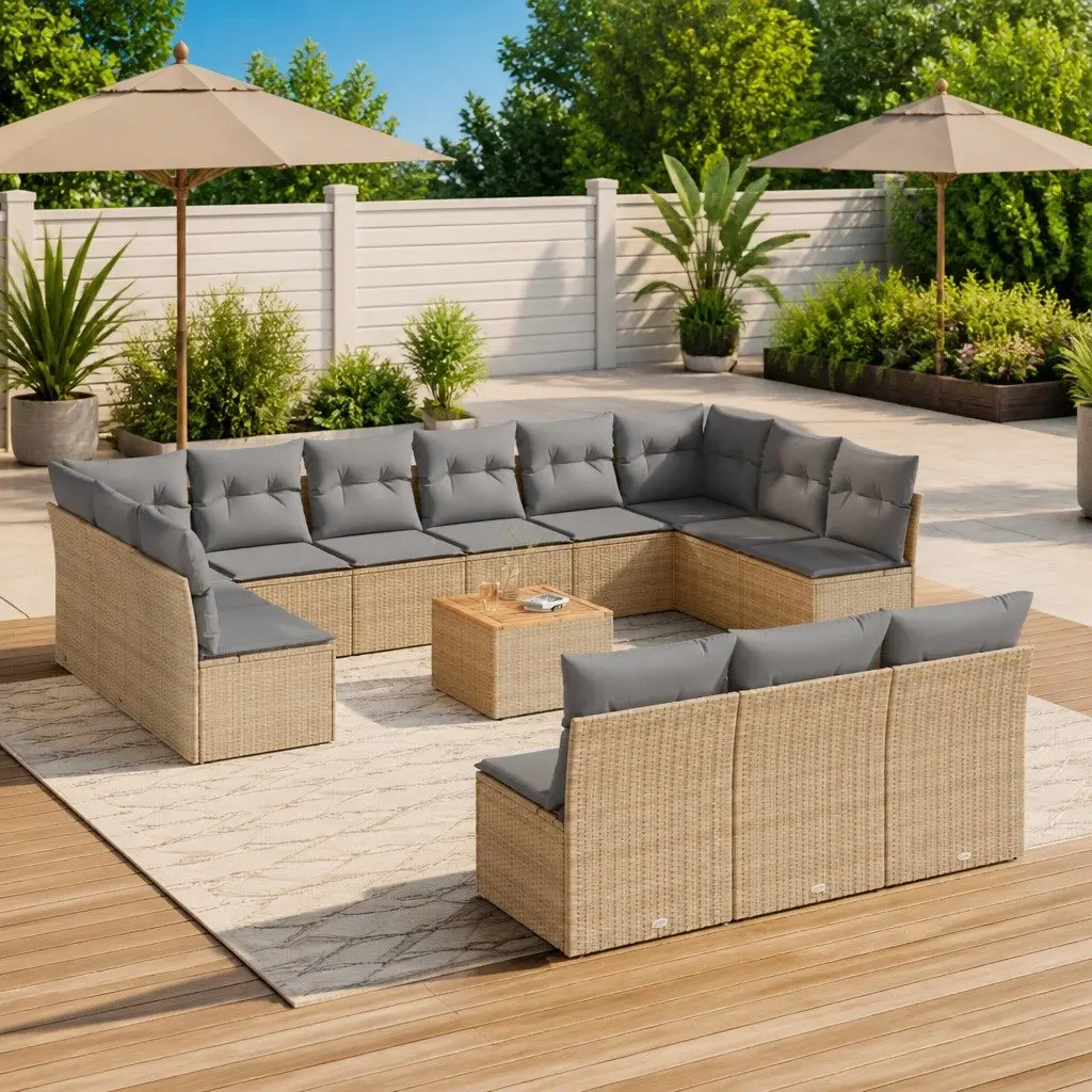 Garden Sofa Set Beige 14 Piece Modular Outdoor Furniture with Cushions