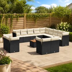 Garden Sofa Set 14 Piece Outdoor Furniture with Cushions Black Poly Rattan