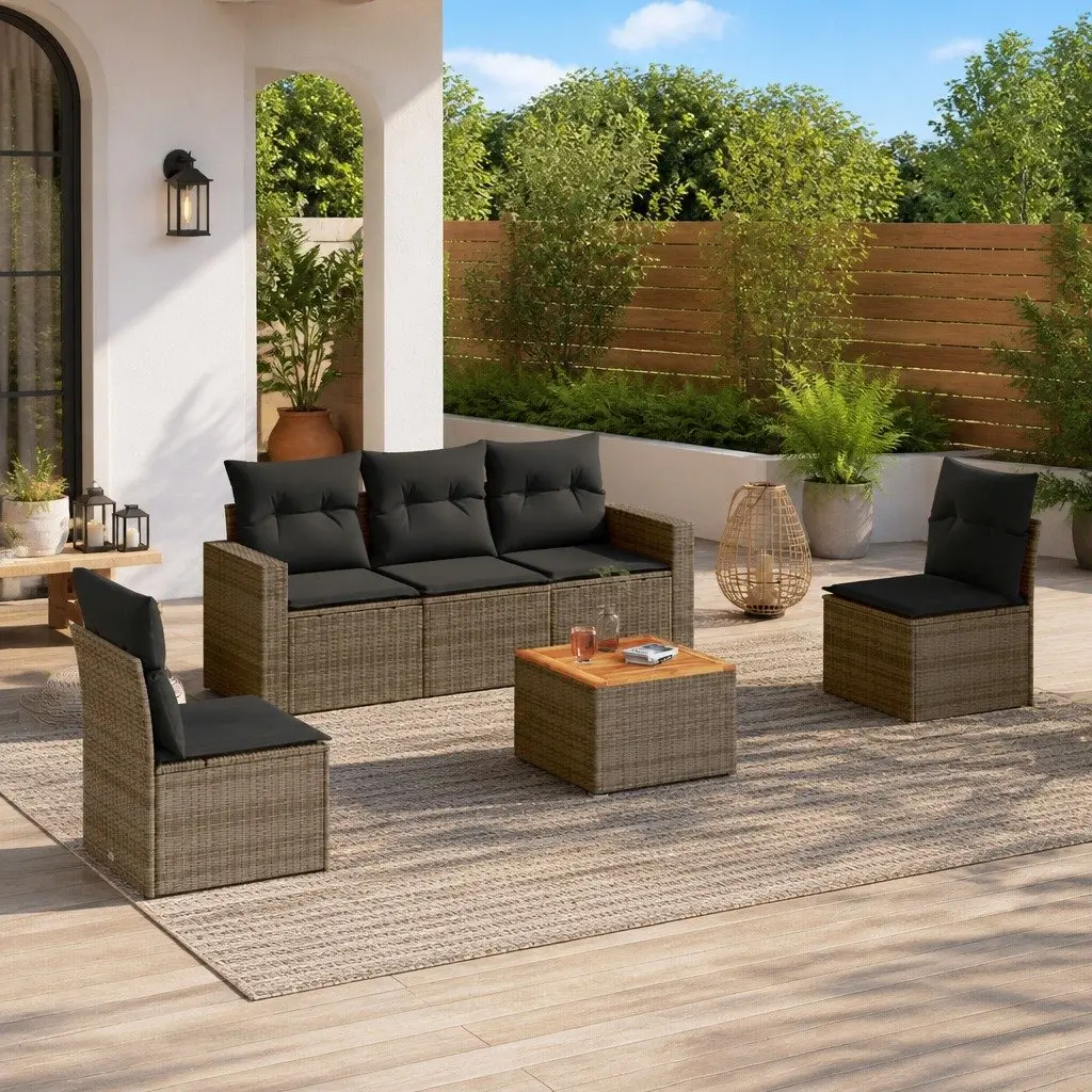 Garden Sofa Set Grey 6 Piece Modular Outdoor Furniture with Thick Cushions and Acacia Wood Tabletop