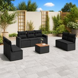Outdoor Garden Sofa Set 8 Piece Black Poly Rattan Patio Furniture with Cushions