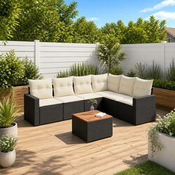7 Piece Garden Sofa Set with Cushions Black Poly Rattan Outdoor Patio Furniture