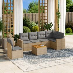 Compact 7 Piece Beige Outdoor Sofa Set with Cushions