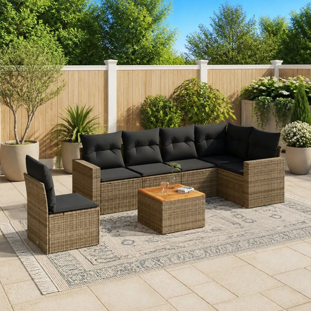 7 Piece Garden Sofa Set Grey Rattan Outdoor Patio Furniture with Cushions