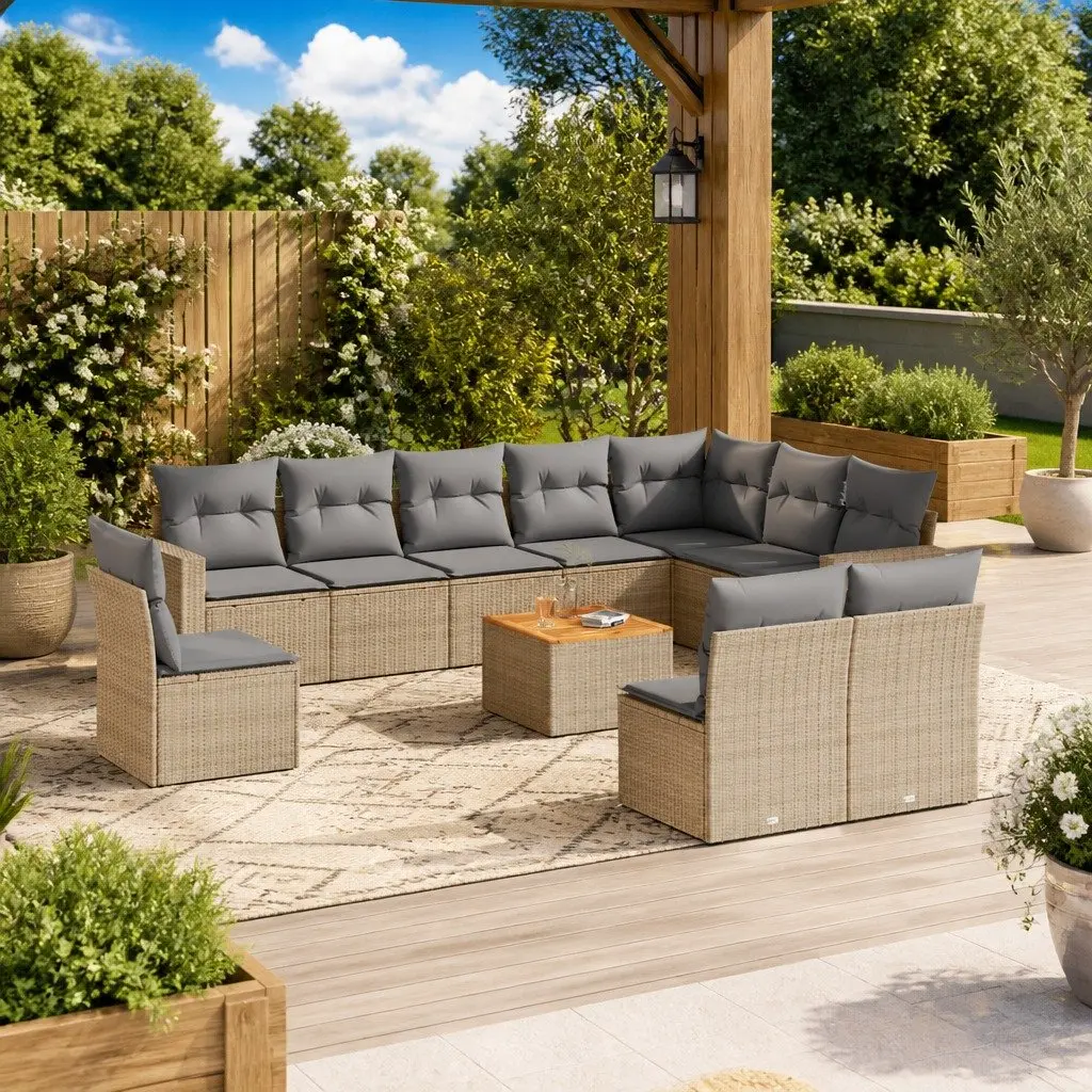 Garden Sofa Set 11 Piece Outdoor Furniture Beige Poly Rattan with Cushions Patio