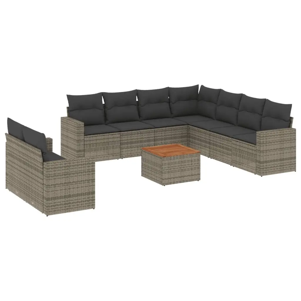 Garden Sofa Set Grey 10 Piece Modular Outdoor Furniture with Thick Cushions and Acacia Wood Table