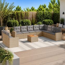 11 Piece Outdoor Garden Sofa Set with Cushions Beige Poly Rattan Patio Furniture