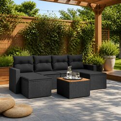 7 Piece Outdoor Garden Sofa Set Black Poly Rattan Sectional Patio Furniture