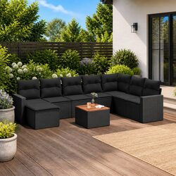 Concise 9-Piece Outdoor Sectional Set in Black Rattan