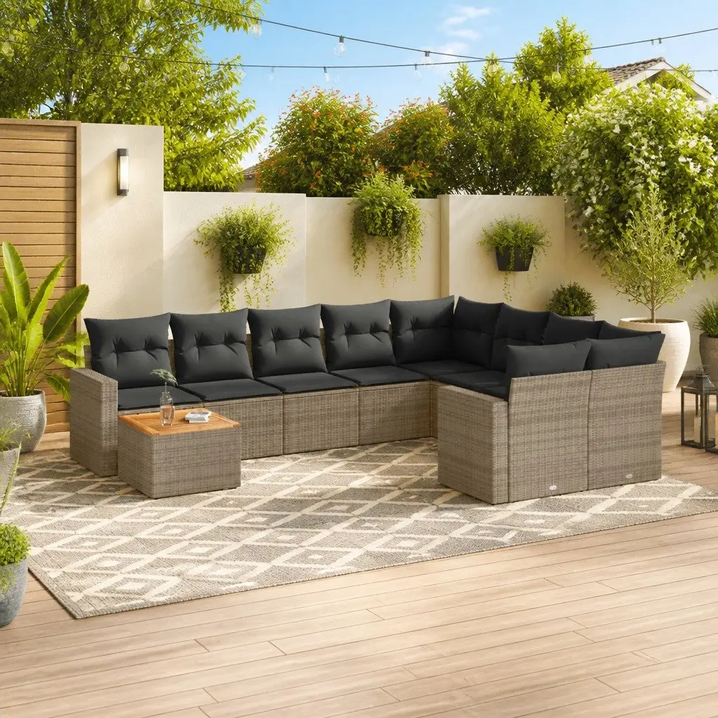 GreyPolyRattan10PieceSectionalSofaSetwithCushionsandAcaciaWoodTabletopforOutdoorGardenPatio