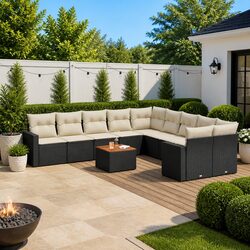 Outdoor Sectional Sofa Set 11 Piece Black Poly Rattan Garden Furniture with