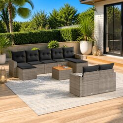 Outdoor Sectional Sofa Set 10 Piece Grey Poly Rattan Garden Furniture Cushions