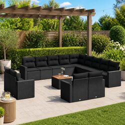 Outdoor Sectional Sofa Set 14 Piece Black Poly Rattan Garden Furniture with