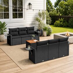 Outdoor Sectional Sofa Set 7 Piece Black Poly Rattan Garden Furniture with