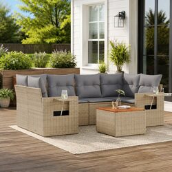 Compact 7-Piece Beige Outdoor Sofa Set with Table