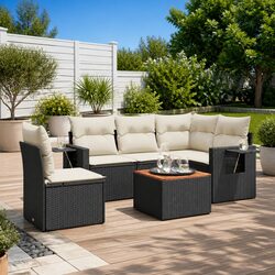 Outdoor Sectional Sofa Set 6 Piece Garden Furniture Black Poly Rattan with