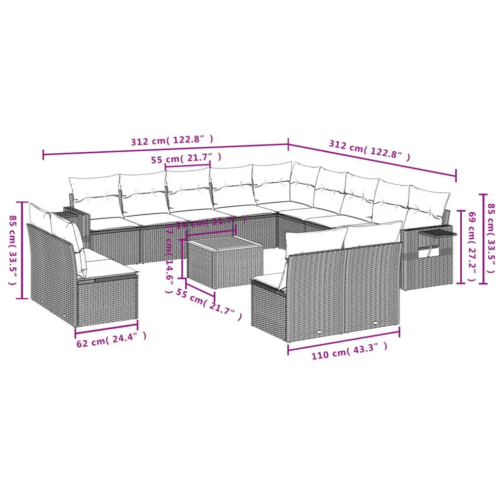 Outdoor Sectional Sofa Set 14 Piece Garden Furniture with Cushions Grey Rattan
