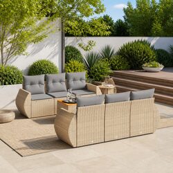 7 Piece Outdoor Garden Sofa Set Beige Poly Rattan Patio Furniture with Cushions