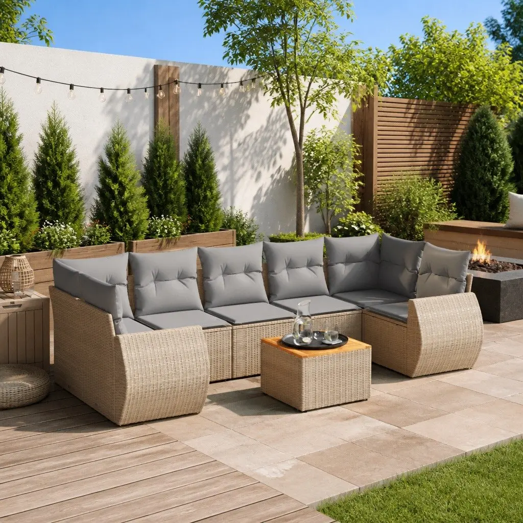 Garden Sofa Set Beige 8 Piece Outdoor Furniture Poly Rattan with Cushions