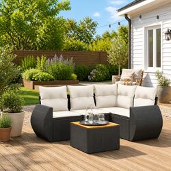 5 Piece Outdoor Sofa Set with Cushions Black Poly Rattan Garden Furniture Patio