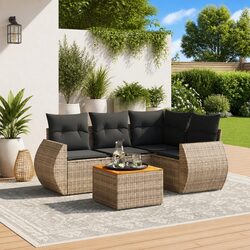 5 Piece Outdoor Garden Sofa Set with Cushions Grey Poly Rattan Patio Furniture